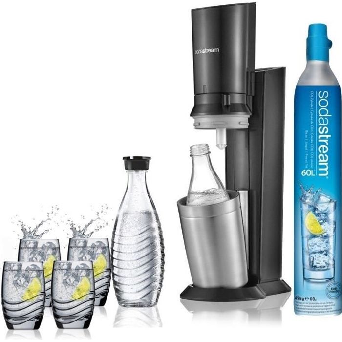 SODASTREAM Pack Machine à gazéifier Crystal + 2 Carafes en verre + 4 verres sérigraphiés