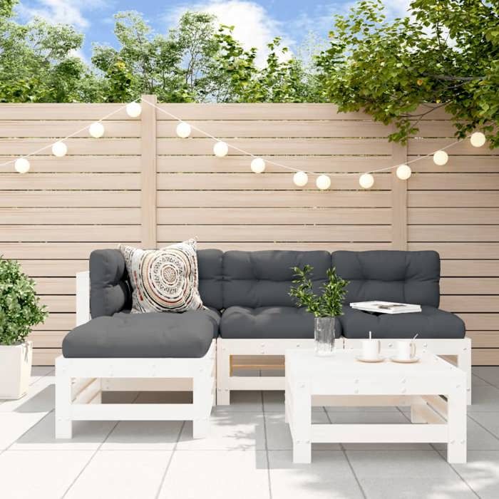 vidaXL Salon de Jardin 5 pcs Canapés avec Repose-pied Ensemble de Meubles avec Table Basse Patio Terrasse Rustique Blanc