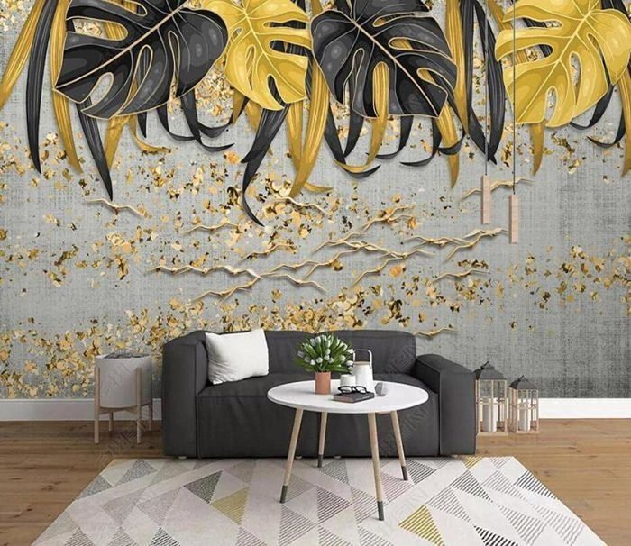 Papier Peint Panoramique Feuilles Tropicales Or Noir Papier Peint 3D ...