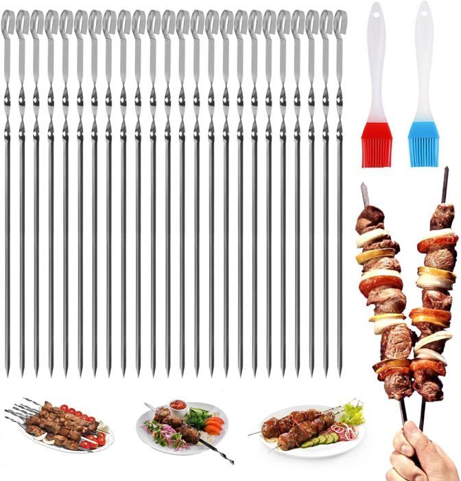 8 Brochettes à Barbecue En Acier Inoxydable - 40 Cm, Poignée En Bois, Réutilisables, Pour Viandes Et Légumes