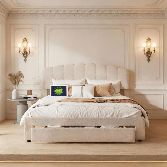 Lit double 140x200cm avec grand tiroir Lit 140x200 cm avec prise USB Hauteur de tête de lit réglable Teddy fleece Beige