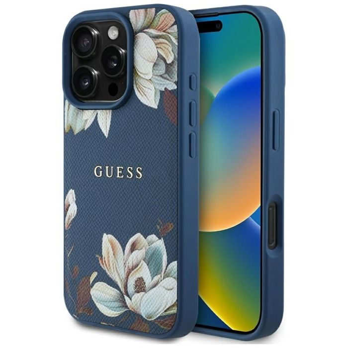 Coque pour iPhone 16 Pro Max - Guess Grained Flowers MagSafe (GUHMP16XPGNMPMPLMB) - Bleu Coque pour iPhone 16 Pro Max - Guess Grained Flowers MagSafe (GUHMP16XPGNMPMPLMB) - Bleu