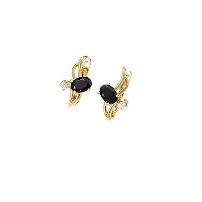 Boucles dOreilles - Femme - Dormeuses - Solitaire - Ovale - Noir - Plaqué Or Jaune 585/1000 - 20 x 10 mm