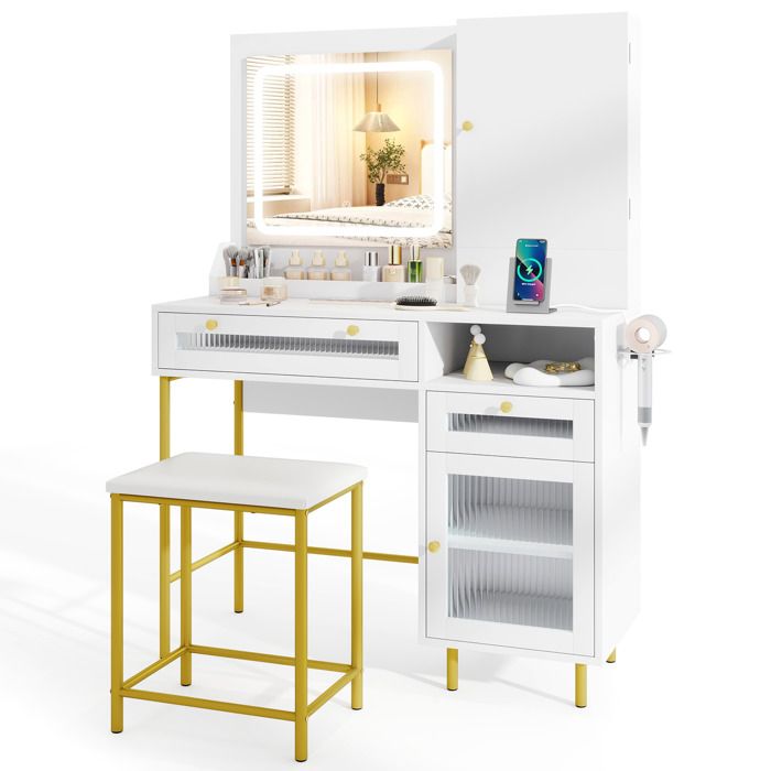 Coiffeuse de Maquillage GIANTEX-Tabouret Rembourré-Miroir et Lumières Colorés-Armoire à Bijoux-Tiroir et Étagère-96 x 39 x 136 cm Coiffeuse de Maquillage GIANTEX-Tabouret Rembourré-Miroir et Lumières Colorés-Armoire à Bijoux-Tiroir et Étagère-96 x 39 x 136 cm