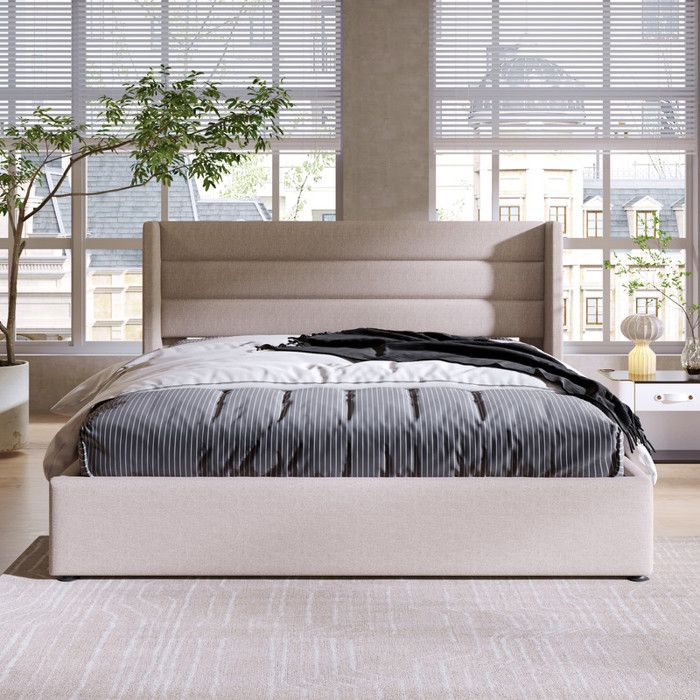Lit double 160x200 cm - Lin beige - Coffre de rangement hydraulique - Tête de lit rembourrée - Design moderne
