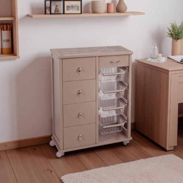 Chariot de cuisine en bois taupe avec 4 tiroirs et 4 paniers - OTELIA