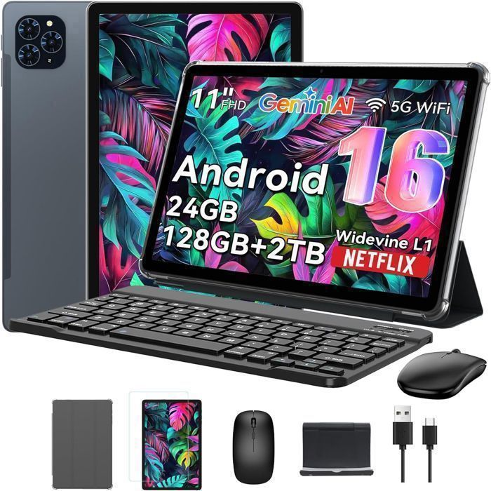 T90 Tablette 11 Pouces Android 16 Tablette avec Clavier Stylet- 24Go RAM 128Go ROM1920x1200 FHD+8000 mAhtablette etude pas cher