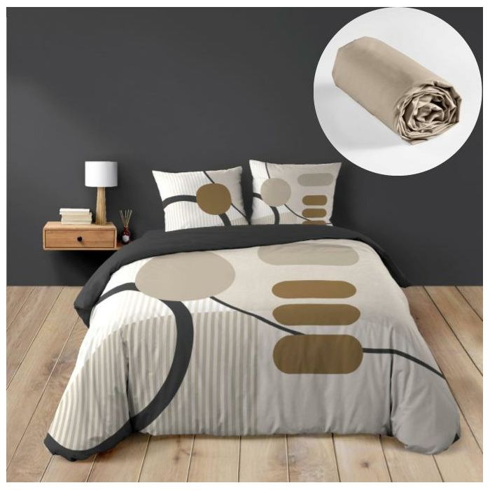 Pack Parure de couette 240 x 220 cm – Coton 42 fils – SANTANA + Drap Housse 140x190 cm Beige