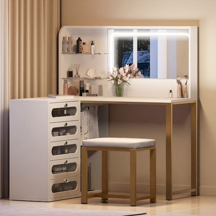 Coiffeuse dAngle L - Miroir LED - 5 Tiroirs - Blanc et Or - Design Contemporain