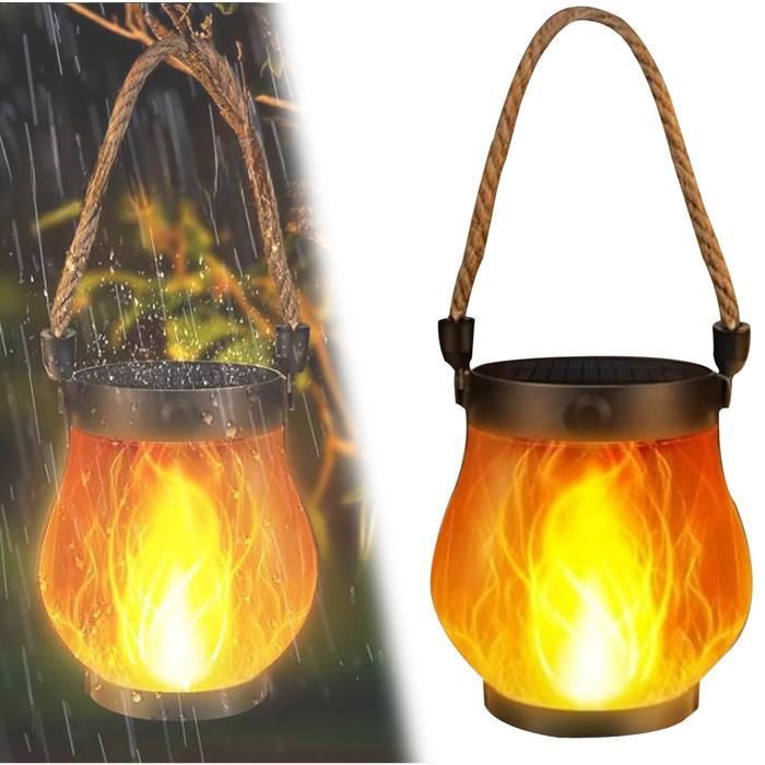 Lanterne solaire dextérieur lanterne solaire à flamme vacillante étanche en corde de chanvre pour patios et terrasses