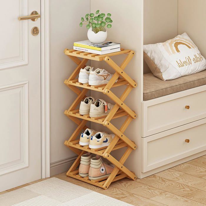 Rangement pour Chaussures Pliable en Bambou Étagère sur Pied pour lentrée Le Placard la Chambre (Couleur Bois 5 Couches）