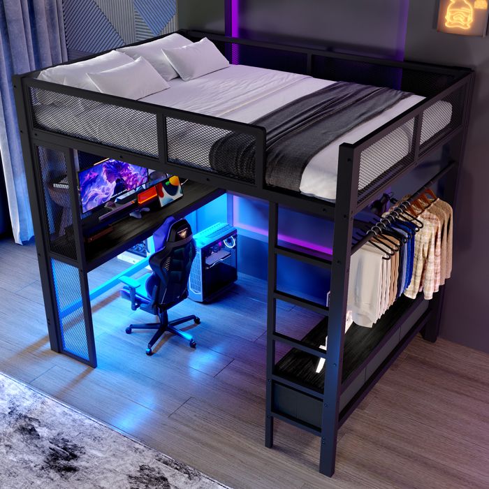 Lit mezzanine en métal 140x200 cm - Avec LED et port USB - Bureau et armoire ouverte - Avec 3 tiroirs - Noir (matelas non inclus) Lit mezzanine en métal 140x200 cm - Avec LED et port USB - Bureau et armoire ouverte - Avec 3 tiroirs - Noir (matelas non inclus)