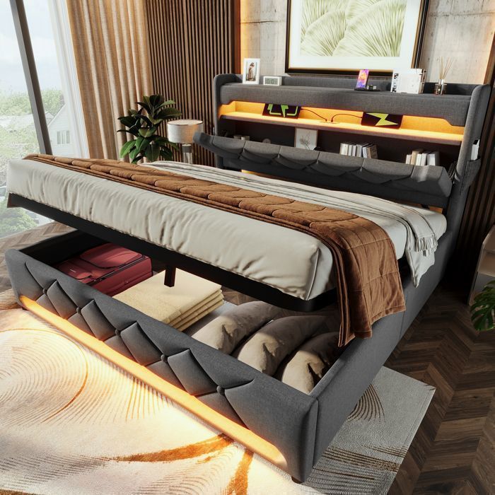 Lit Coffre avec Rangement Hydraulique - 180x200 - Tête de Lit avec Ports USB et Type C - Éclairage LED - Lin Gris - Sans Matelas