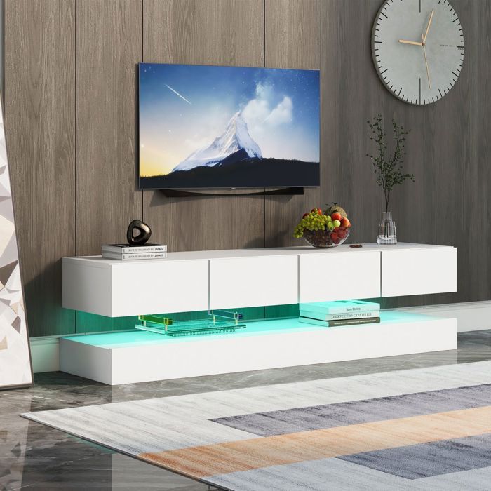 Meuble TV mural - SOGEU - 130 cm - 2 placards - 4 tiroirs - Éclairage LED 16 couleurs Bluetooth