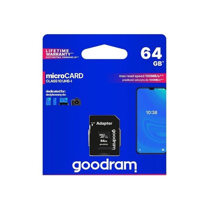 Goodram microSD carte mémoire 64 Go pour smartphone appareil photo - carte micro SD - 100 mb/s - avec adaptateur SD