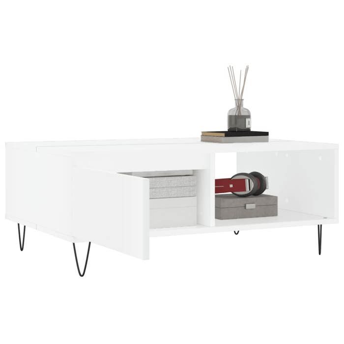 Table basse en bois dingénierie - vidaXL - Blanc - 90x60x35 cm - 2 compartiments de rangement - Pieds en fer