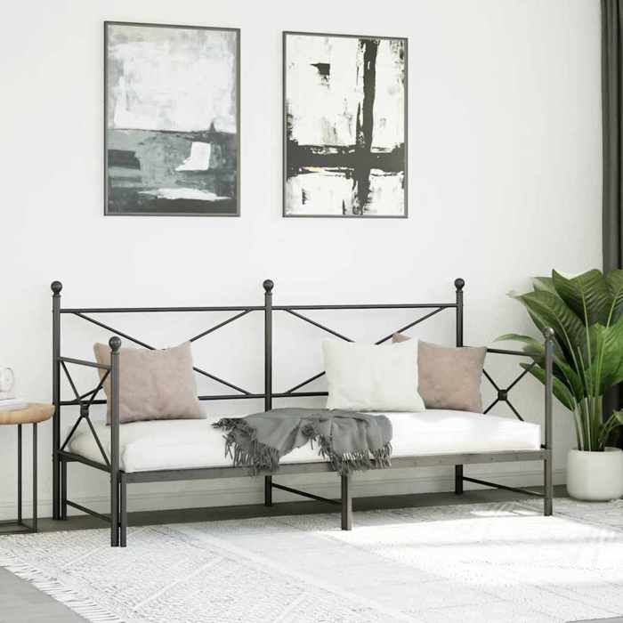 Lit de jour avec gigogne - UU - Noir - Acier - 90x200 cm - 208x184x107 cm étendu - 208x96x107 cm non étendu
