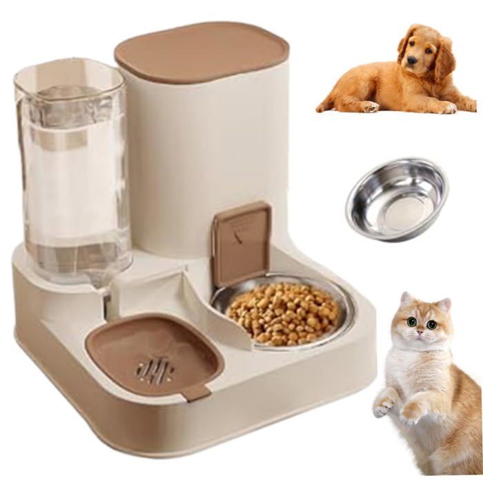 Mangeoire Automatique pour Chat 2 en 1 en Acier Inoxydable et PP Distributeur Automatique deau et de Grande capacité (Marron)