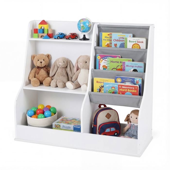 Meuble Rangement Enfants COSTWAY pour Jouet Montessori avec 4 Niveaux de Poches pour Livres en Tissu 89 x 35 5 x 80 CM