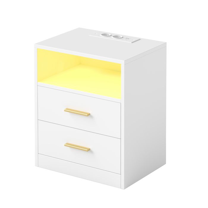 Table de chevet moderne avec Tiroirs Lumières LED Multiprises et Ports USB pour Chambre Blanc