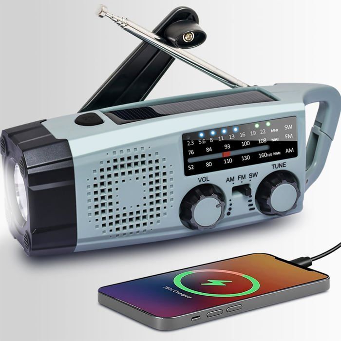 Radio Portable Urgence Radio a Pile Rechargeable et Lampe Torche LED Alarme SOS Power Bank 2000mAh Recharge par USB/Solaire