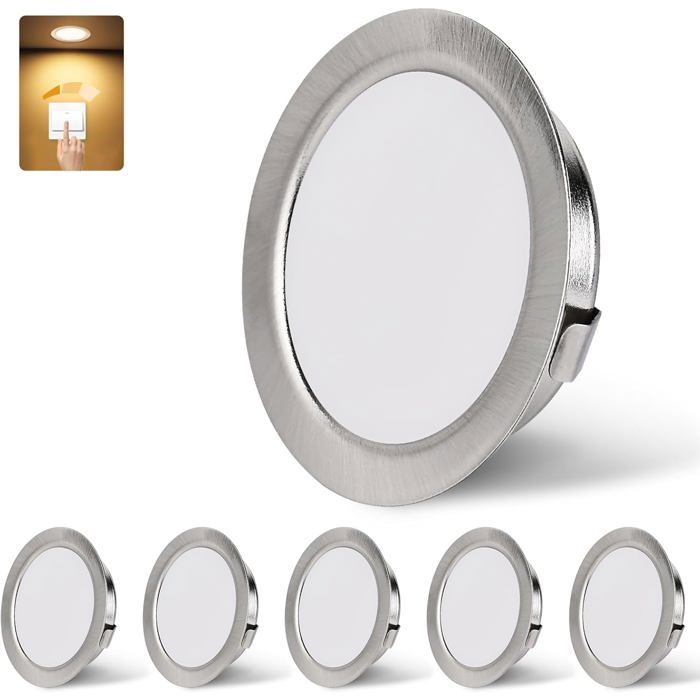 Spot LED encastrable dimmable - ESTAMPILLE - 3W - 3000K Blanc chaud - 15 mm extra plat - IP44 - Lot de 6 - Nickel brossé