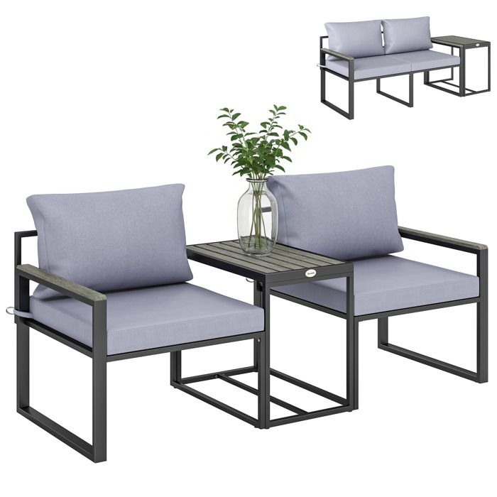 Salon de jardin - Outsunny - 3 pièces - ensemble de jardin avec coussins 14cm et accoudoirs en composite bois-plastique - gris