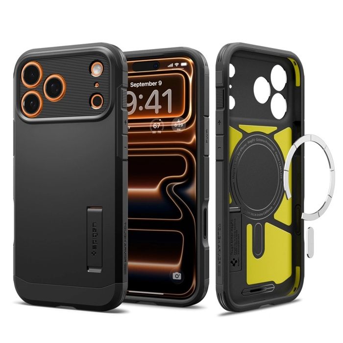Coque MagSafe - SPIGEN - Tough Armor T MagSafe - iPhone 17 Pro - Mousse XRD anti-chocs - Support bureau intégré - Noir
