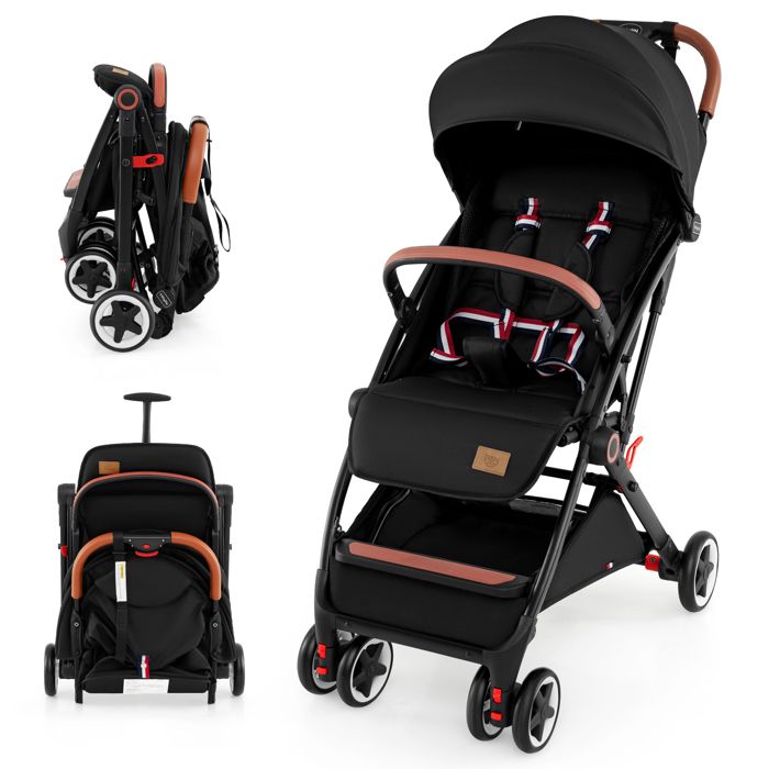 Poussette Bébé 0-3 Ans Pliable à une Main avec Tige COSTWAY Dossier-Repose-pieds Réglables-Auvent Rétractable-Sangle dAttache Noir