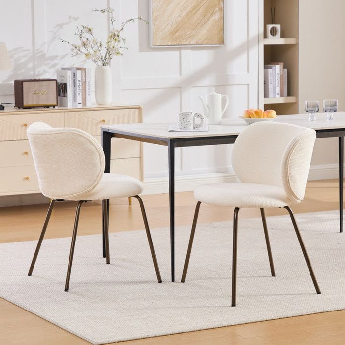 Lot de 2 Chaises de Salle à Manger BELLEMAVE – Chenille Crème Rembourrées Pieds en Métal Bronze