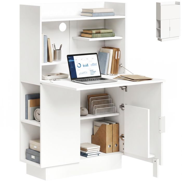 Bureau dordinateur - HOMCOM - design pliant avec plateau rabattable étagères et placard - bois - 80x30x128cm - blanc Bureau dordinateur - HOMCOM - design pliant avec plateau rabattable étagères et placard - bois - 80x30x128cm - blanc