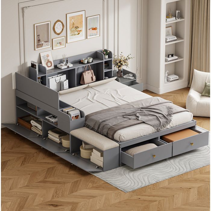 Lit adulte en bois 140x200 cm avec rangements tête de lit capitonnée banc et table de chevet gris
