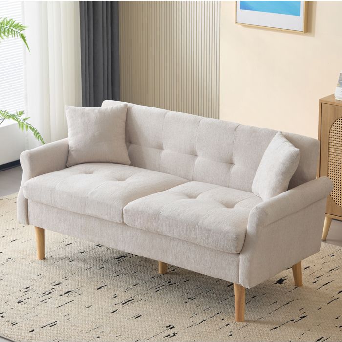 Canapé 2 places en chenille beige avec coussins épais et pieds en bois