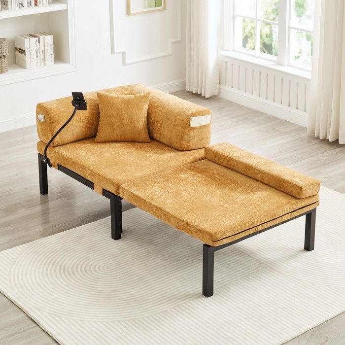 Canapé-lit pliant bois massif multifonctionnel une place lit gigogne 176x81x64cm couleur jaune pour intérieur salon chambre