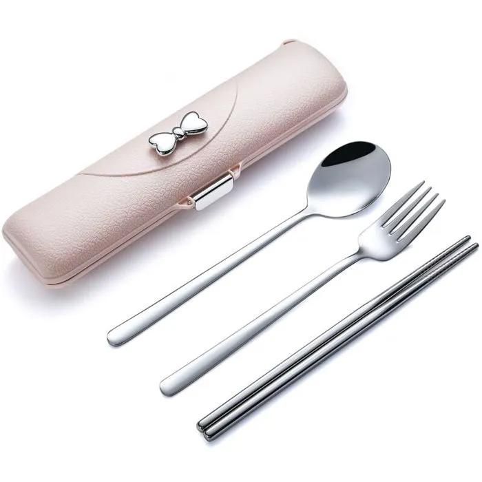 Ensemble De Couverts De Voyage En Acier Inoxydable Couverts Portables Avec Étui Pour Pique-nique Travail Camping Rose