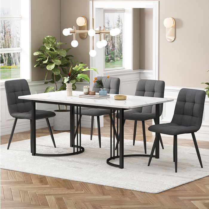 Ensemble table et chaises avec 1 table et 4 chaises effet marbre pieds en métal noir - UVRION - MDF blanc