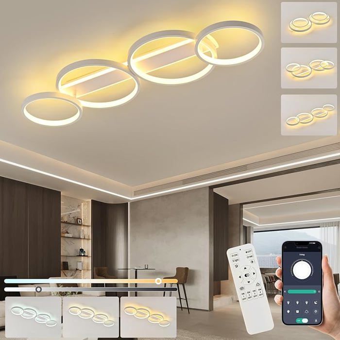 Plafonnier LED Moderne Lampe de plafond 60W 3000K-6000K 4 anneaux ronde design Chambre Eclairage Lampe Lustre avec Blanc LUSTRE