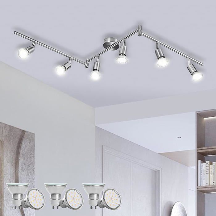 Plafonnier LED 6 Spot Luminaire Plafond Lustre Orientable GU10 Light Lampe Eclairage de 6 Spots / Blanc Neutre / Nickel