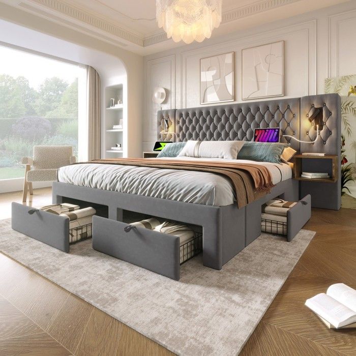 Lit ensemble - Zephmum - 180x200 complet 2 tables nuit 4 tiroirs lampe lecture USB velours gris sans matelas