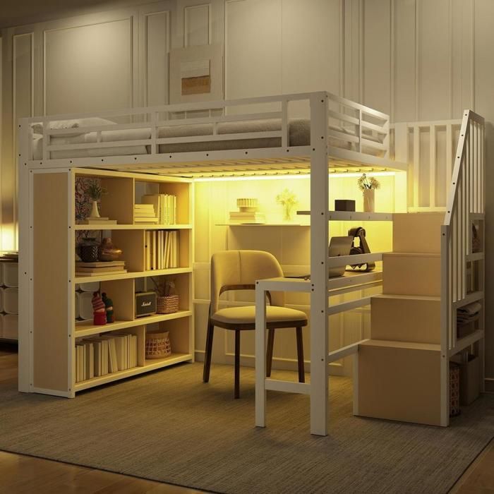 Lit mezzanine - KOMHTOM - 140x200 cm - Bureau intégré - Rangements étagères & marches - LED intégrée Lit mezzanine - KOMHTOM - 140x200 cm - Bureau intégré - Rangements étagères & marches - LED intégrée