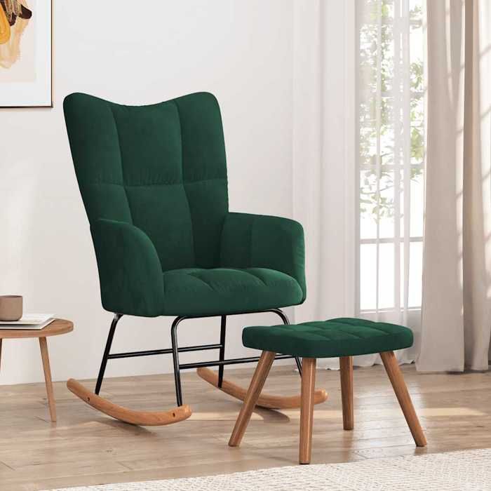 Chaise intérieure moderne vidaXL Fauteuil à bascule avec repose-pied Vert foncé Velours(4661）