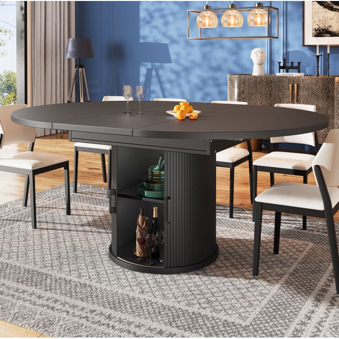 COVREO Table à manger extensible ronde 118-158 cm MDF noir rangement intégré 6 personnes