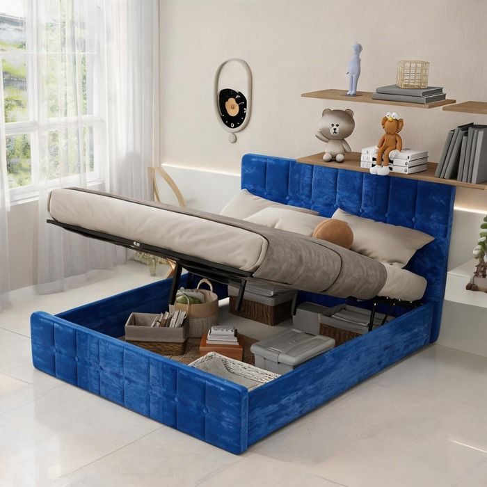Lit coffre capitonné en velours bleu avec tête de lit intégrée design moderne pour chambre structure gain de place matelas