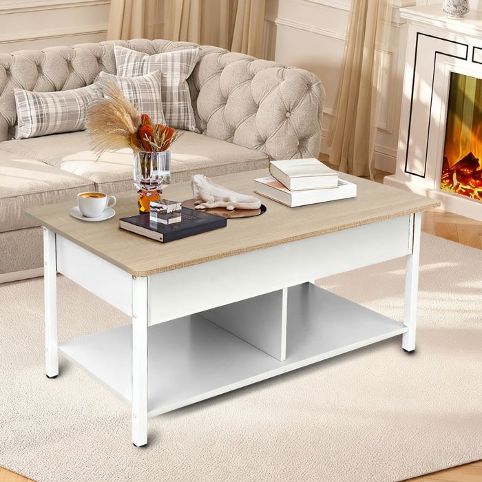 OHMG-Table Basse Relevable-Table Dappoint De Salon-Armoires De Rangement Intégrées+Étagère-Forte Portance-Finition Bois Blanc