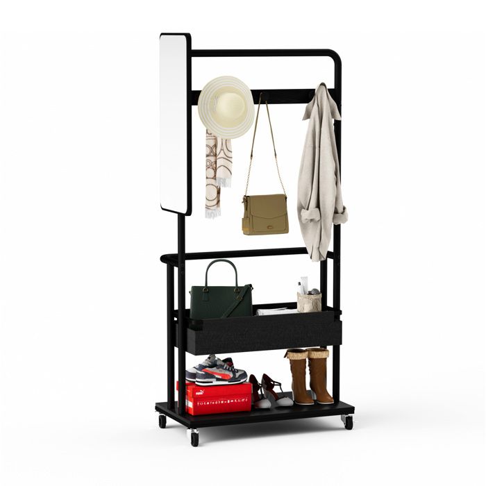 Vestiaire dentrée sur roulettes 3-en-1 avec miroir latéral 70 cm panier tissu et étagère basse noir 70x40x170 cm