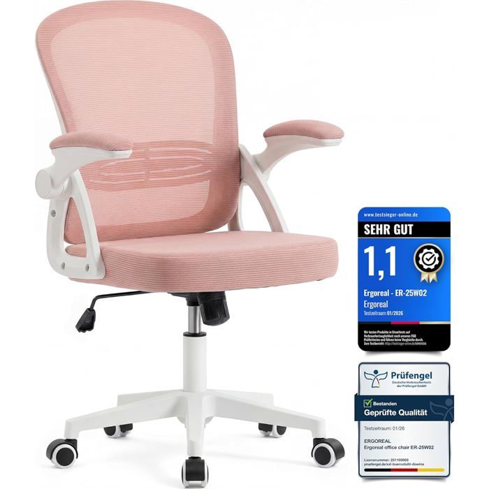 Chaise de bureau ergonomique rose avec accoudoirs rabattables dossier inclinable 90-110° maille respirante charge 140 kg