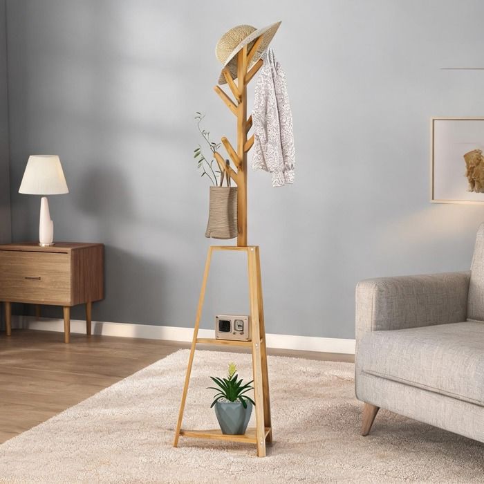 Portemanteau sur pied scandinave en bambou naturel 8 patères et 3 étagères 46 x 46 x 175 cm marron
