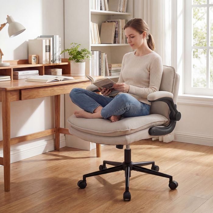 COSTWAY Chaise de Bureau Ergonomique Beige Tissu Accoudoirs Rabattables Réglable Hauteur Vérin Pneumatique Roulettes Maison