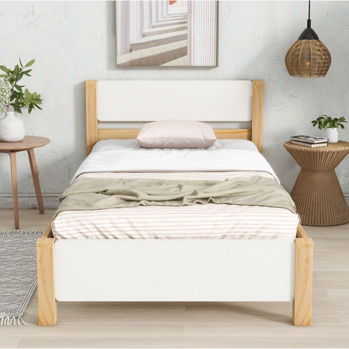 VUENOR Lit simple 90x200 cm blanc et naturel - 15 lattes tête et pied sans matelas