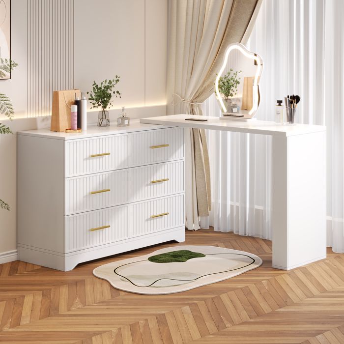 Coiffeuse pivotante blanc avec miroir de maquillage à éclairage LED 6 tiroirs étagères ouvertes sur les côtés 110 × 40 × 129 cm